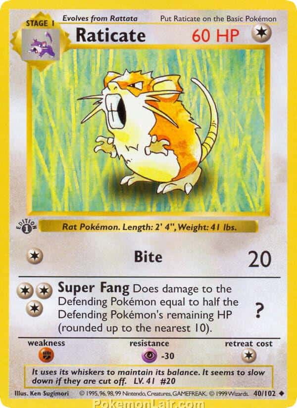 1999 Pokemon Trading Card Game Base Price List 40 Raticate