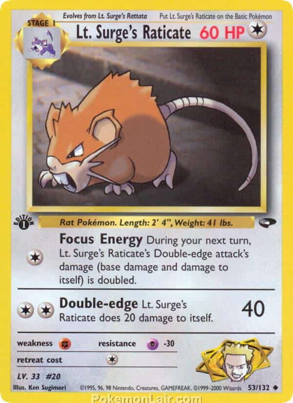2000 Pokemon Trading Card Game Gym Challenge Price List 53 Lt. Surges Raticate