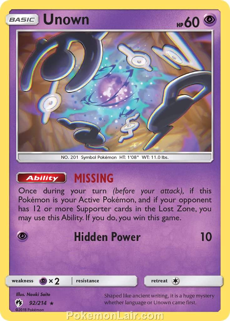 2018 Pokemon Trading Card Game Lost Thunder Set – 92 Unown