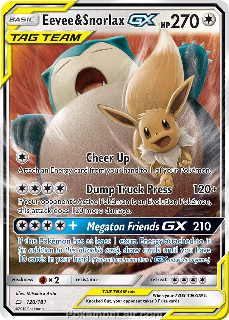 2019 Pokemon Trading Card Game Team Up Price List – 120 Eevee Snorlax GX