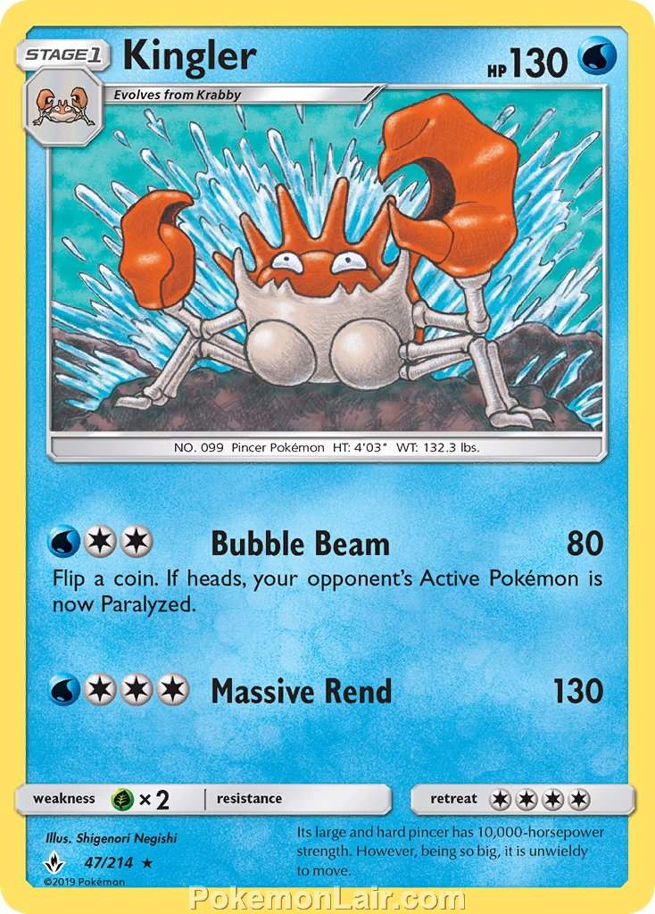 2019 Pokemon Trading Card Game Unbroken Bonds Price List – 47 Kingler