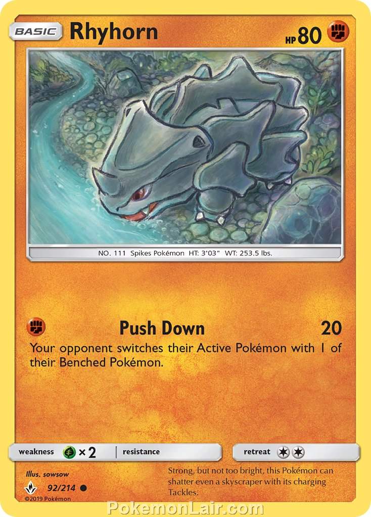 2019 Pokemon Trading Card Game Unbroken Bonds Price List – 92 Rhyhorn