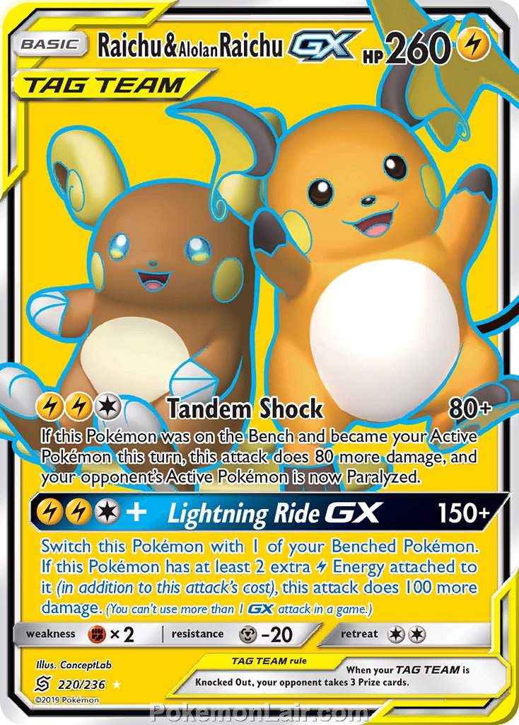 2019 Pokemon Trading Card Game Unified Minds Price List – 220 Raichu Alolan Raichu GX