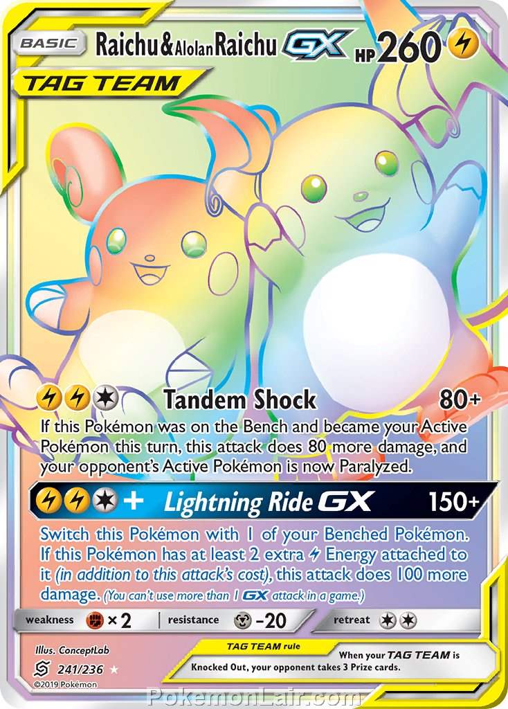 2019 Pokemon Trading Card Game Unified Minds Price List – 241 Raichu Alolan Raichu GX