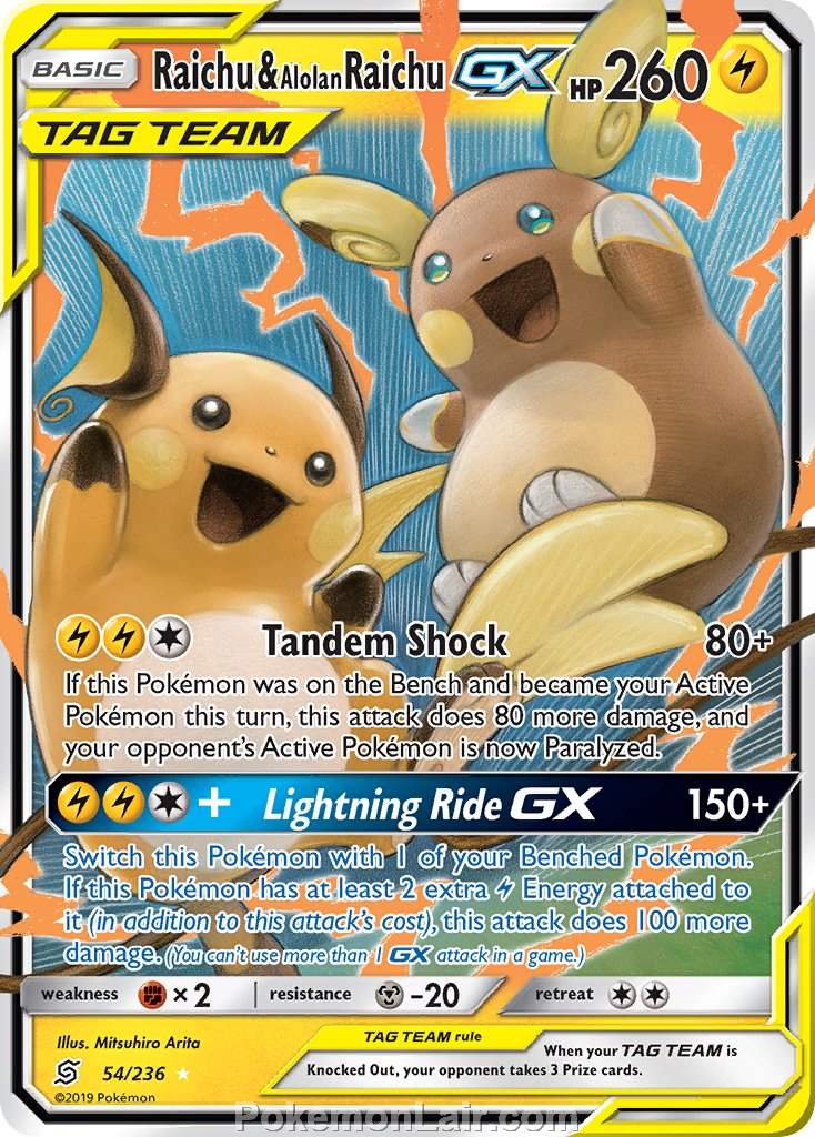 2019 Pokemon Trading Card Game Unified Minds Price List – 54 Raichu Alolan Raichu GX