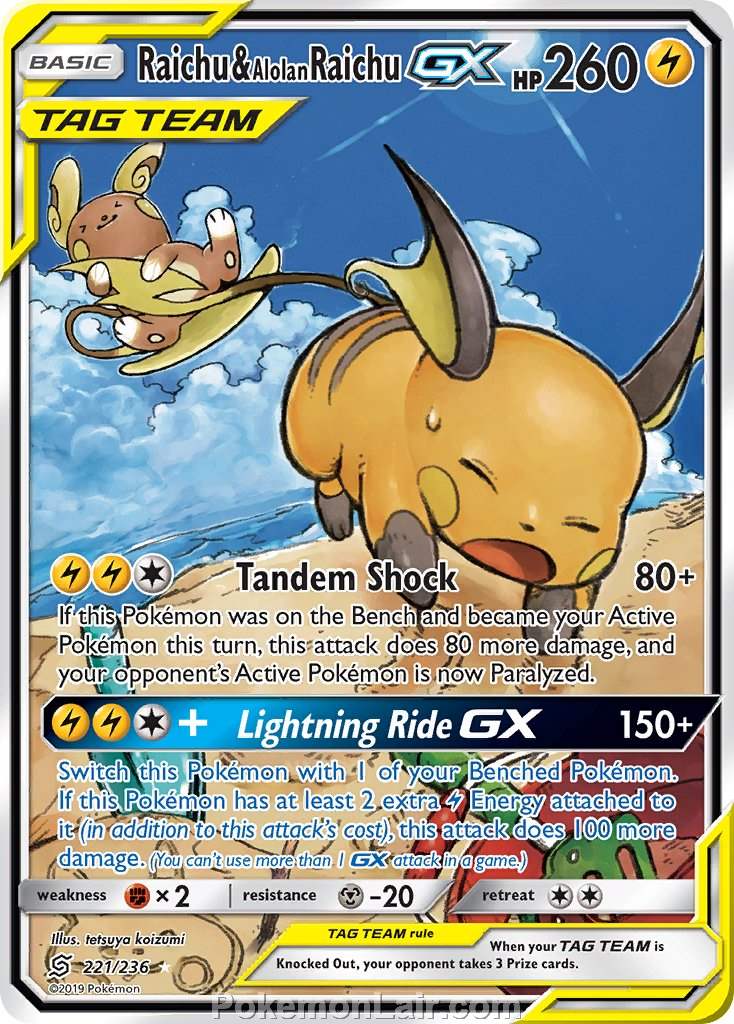 2019 Pokemon Trading Card Game Unified Minds Set – 221 Raichu Alolan Raichu GX